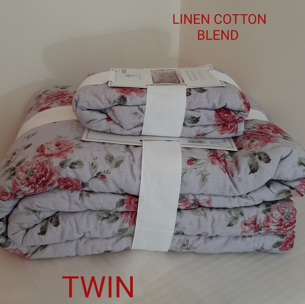 Shabby Chic Twin linen cotton blanket & 1 STANDARD sham purple berry rose